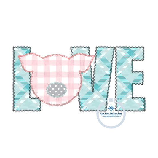 LOVE Pig Head Zigzag Applique Embroidery Design in Three Sizes 5x7, 6x10, 8x12 hoop