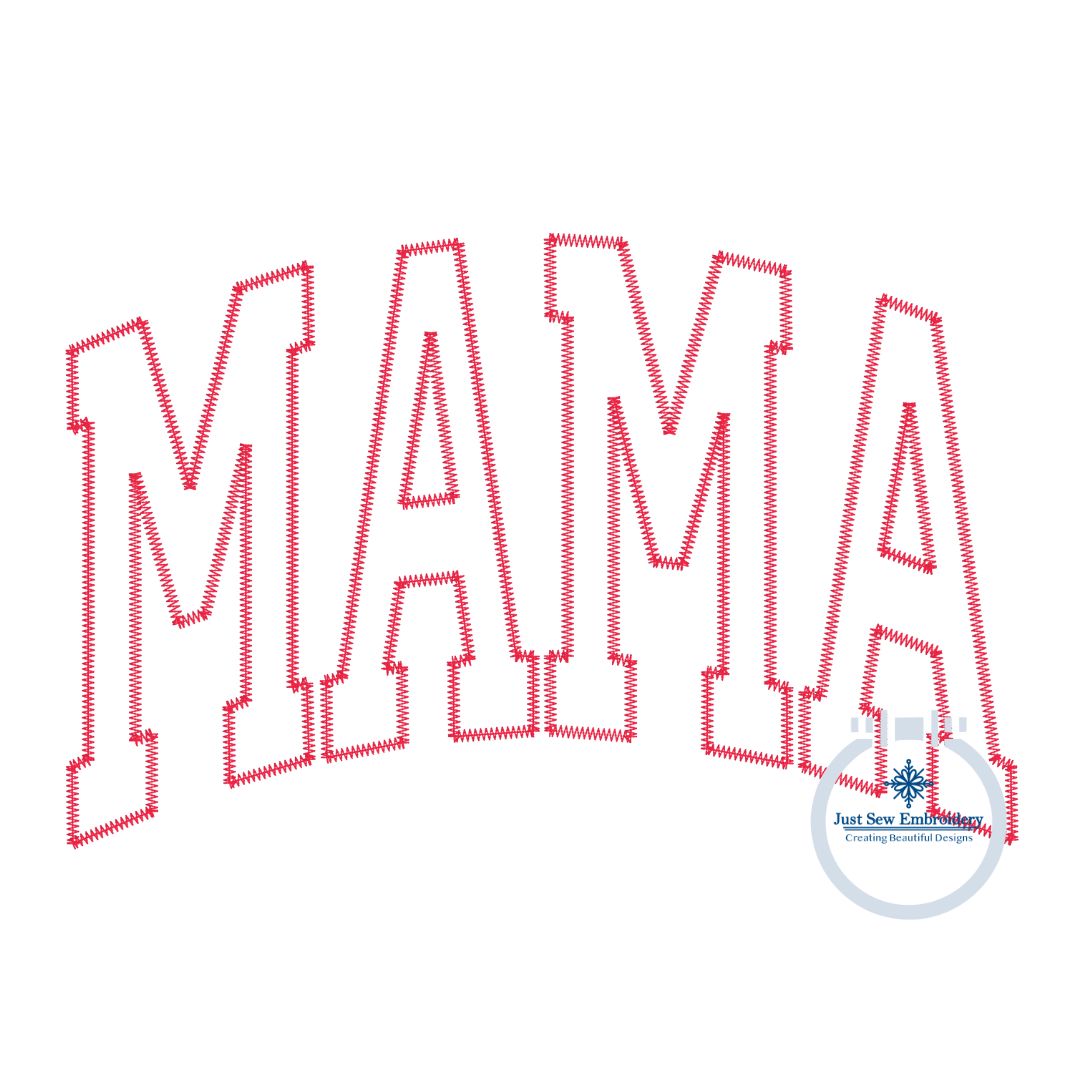 MAMA Arched Zigzag Applique Embroidery Design Academic Font Four Sizes 5x7, 6x10, 8x8, and 8x12 Hoop