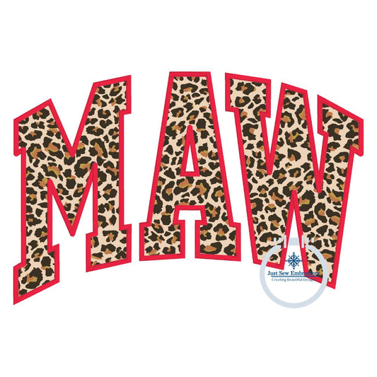 MAW Arched Satin Applique Embroidery Machine Design Varsity Font Mother's Day Gift Seven Sizes 5x7, 8x8, 5x12, 9x9, 6x10, 7x12 and 8x12 Hoop