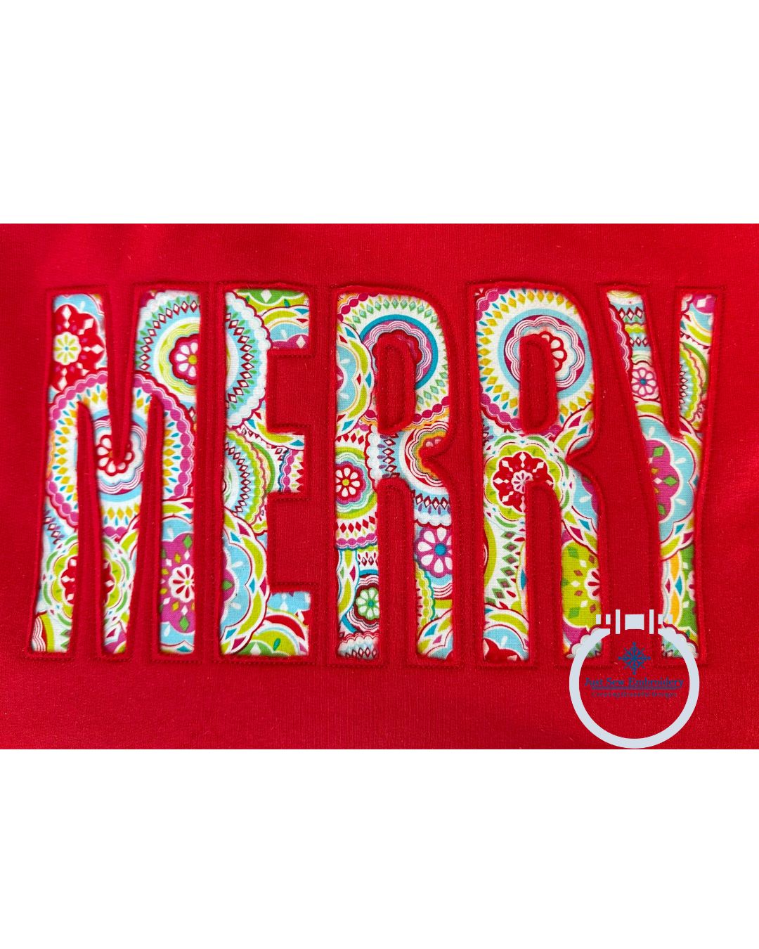 MERRY Reverse Applique Embroidery Design Bean Stitch Five Sizes 5x7, 8x8, 9x9, 6x10, and 7x12