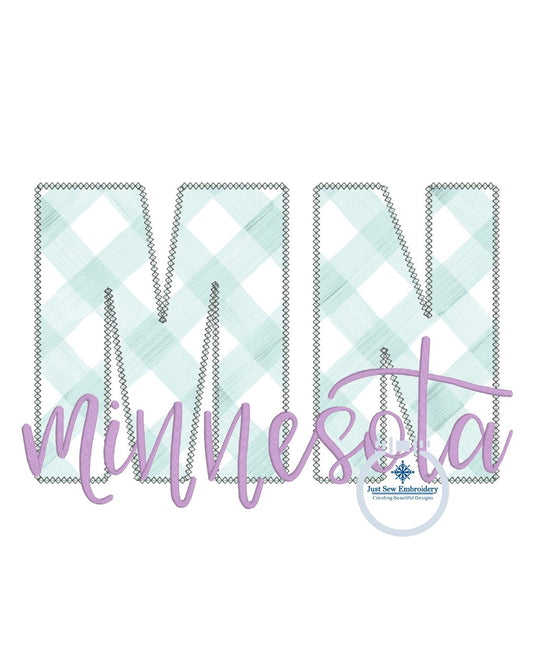MN State Applique Embroidery Design Diamond Edge with Minnesota Script Stitch Overlap Five Sizes 5x7, 8x8, 6x10, 7x12, and 8x12 Hoop