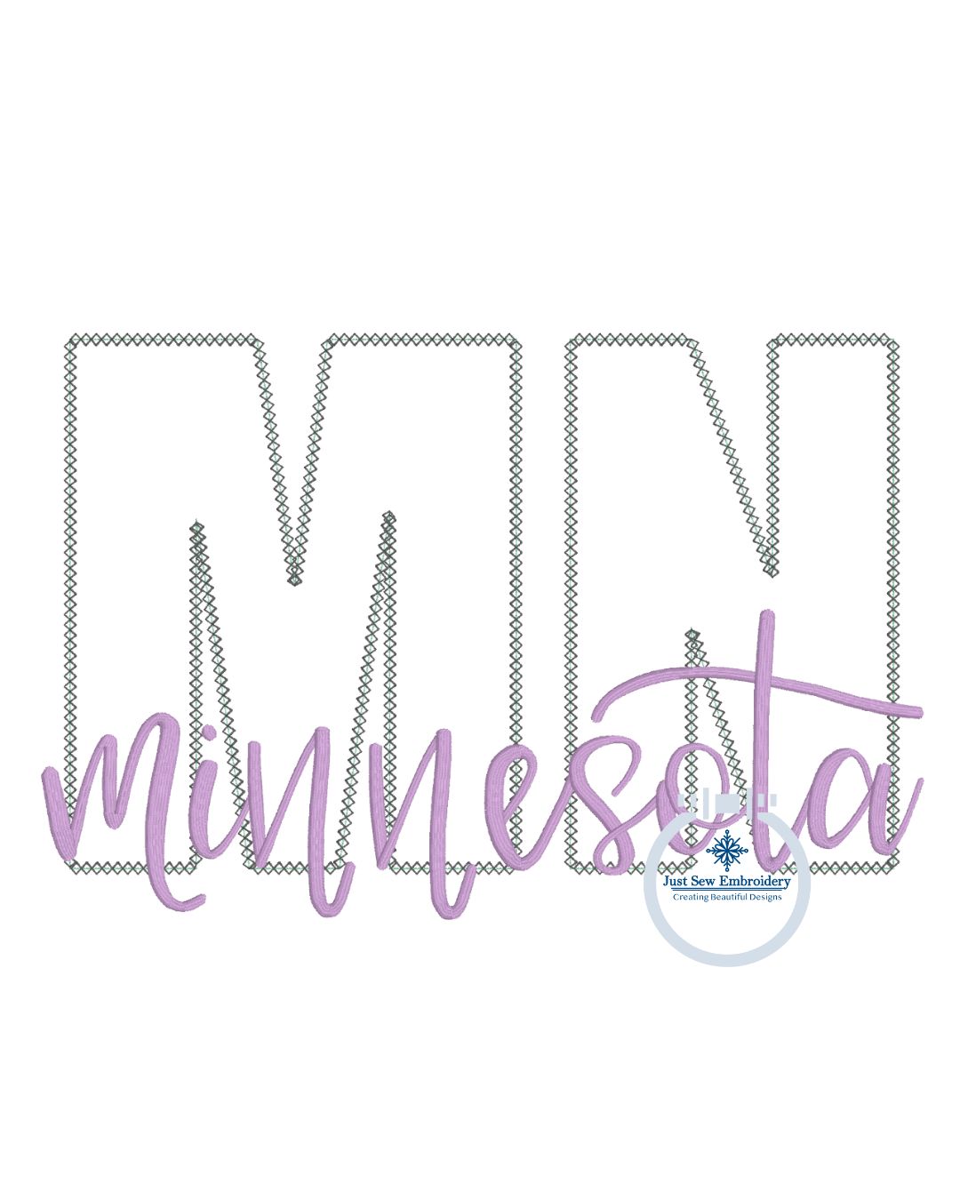 MN State Applique Embroidery Design Diamond Edge with Minnesota Script Stitch Overlap Five Sizes 5x7, 8x8, 6x10, 7x12, and 8x12 Hoop