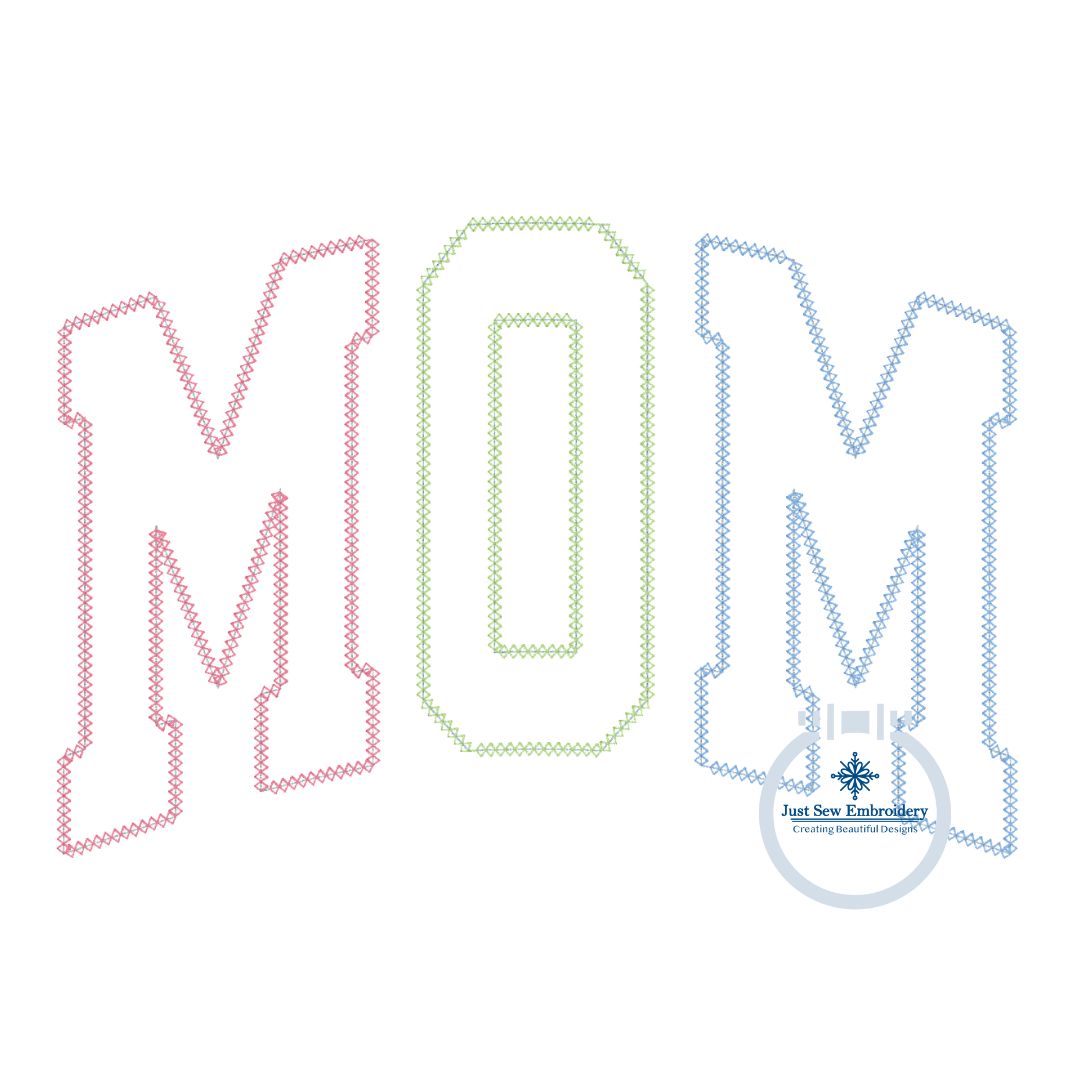 MOM Arched Applique Multicolored Embroidery Design Academic Font Diamond Edge Six Sizes 5x7, 8x8, 9x9, 6x10, 7x12, and 8x12 Hoop