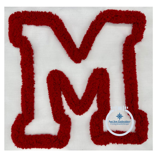 M Varsity Chenille Yarn Applique Varsity Font Zigzag Machine Embroidery Design Five Sizes 4x4, 5x5, 6x6, 7x7, and 8x8 Inch.