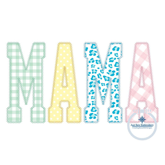 MAMA Diamond Multicolor Applique Embroidery Machine Design Varsity Font Five Sizes 5x7, 8x8, 9x9, 6x10, and 7x12 Hoop
