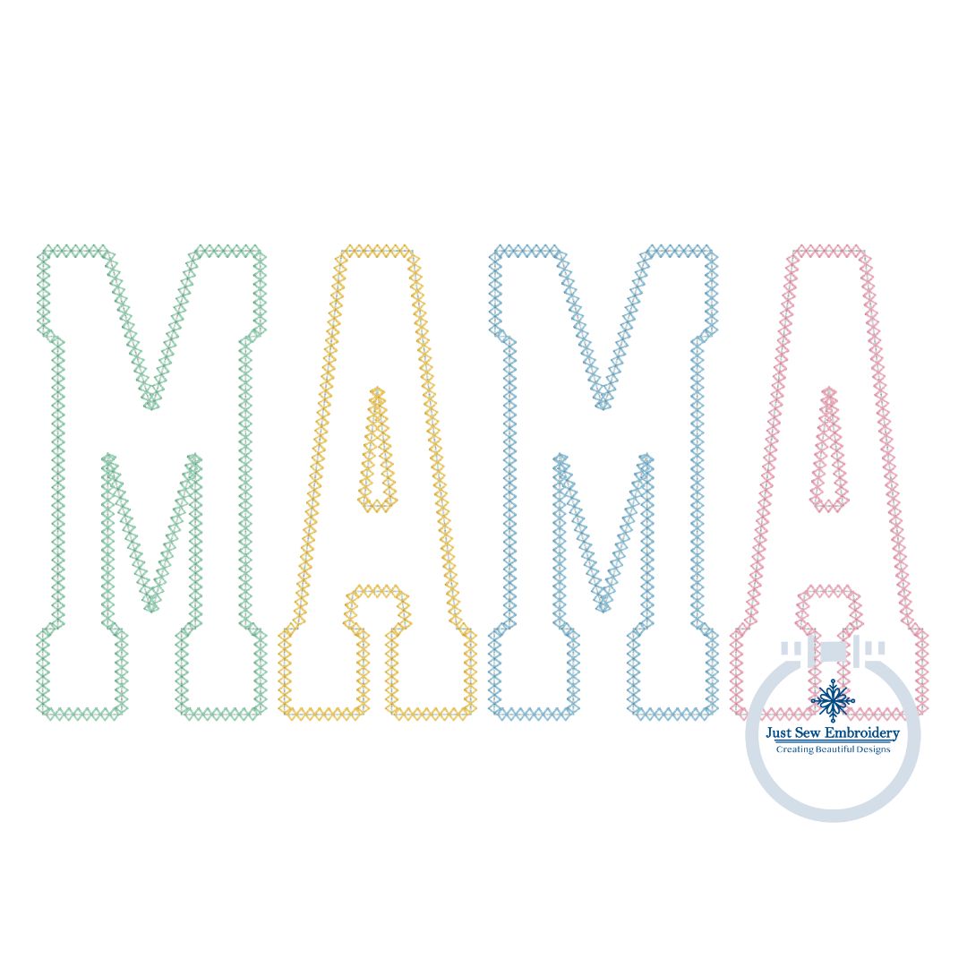 MAMA Diamond Multicolor Applique Embroidery Machine Design Varsity Font Five Sizes 5x7, 8x8, 9x9, 6x10, and 7x12 Hoop