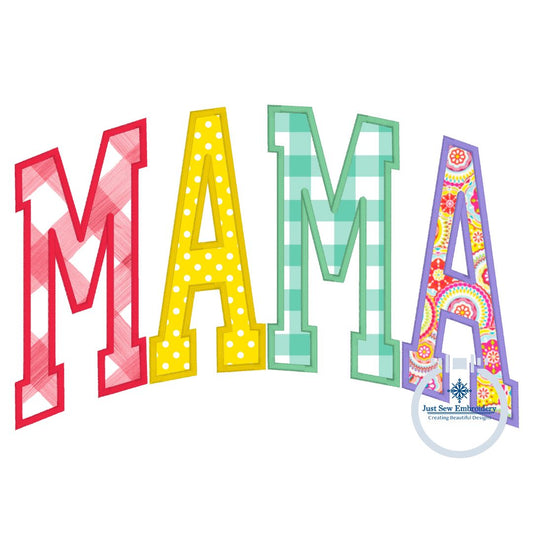 MAMA Arched Satin Applique Embroidery Design Multicolor Academic Font Six Sizes 5x7, 8x8, 9x9, 6x10, 7x12, and 8x12 Hoop