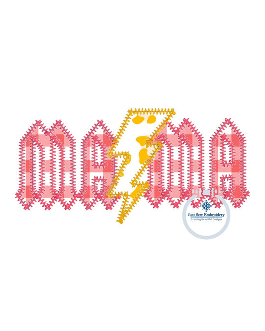 Rocker Mama Applique Embroidery Design Zigzag Stitch Edge Lightning Bolt Hat Size