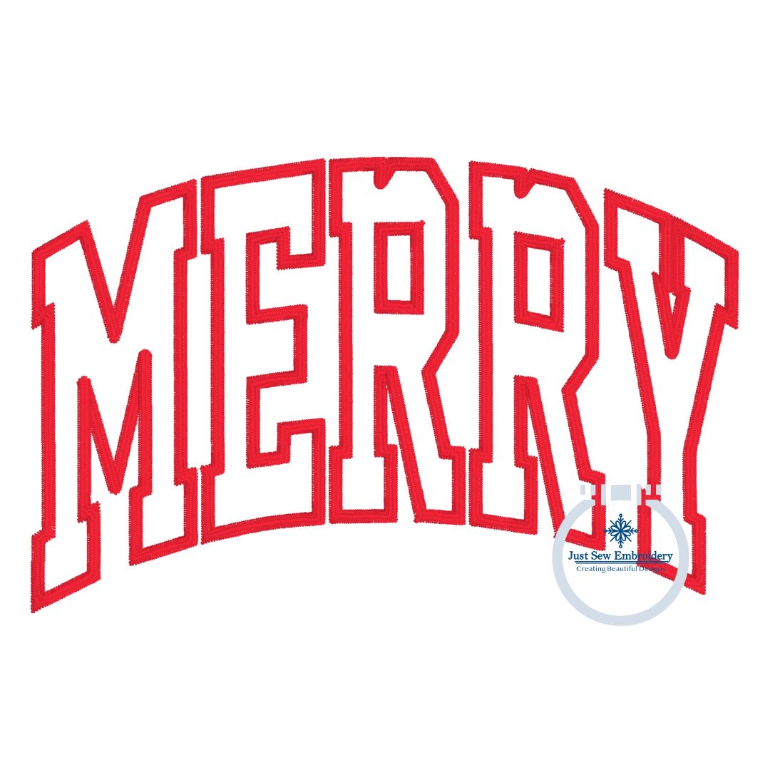 Merry Christmas Arched Applique Machine Embroidery Design with Satin Edge Stitch Four Sizes 5x7, 8x8, 6x10, 8x12 Hoop