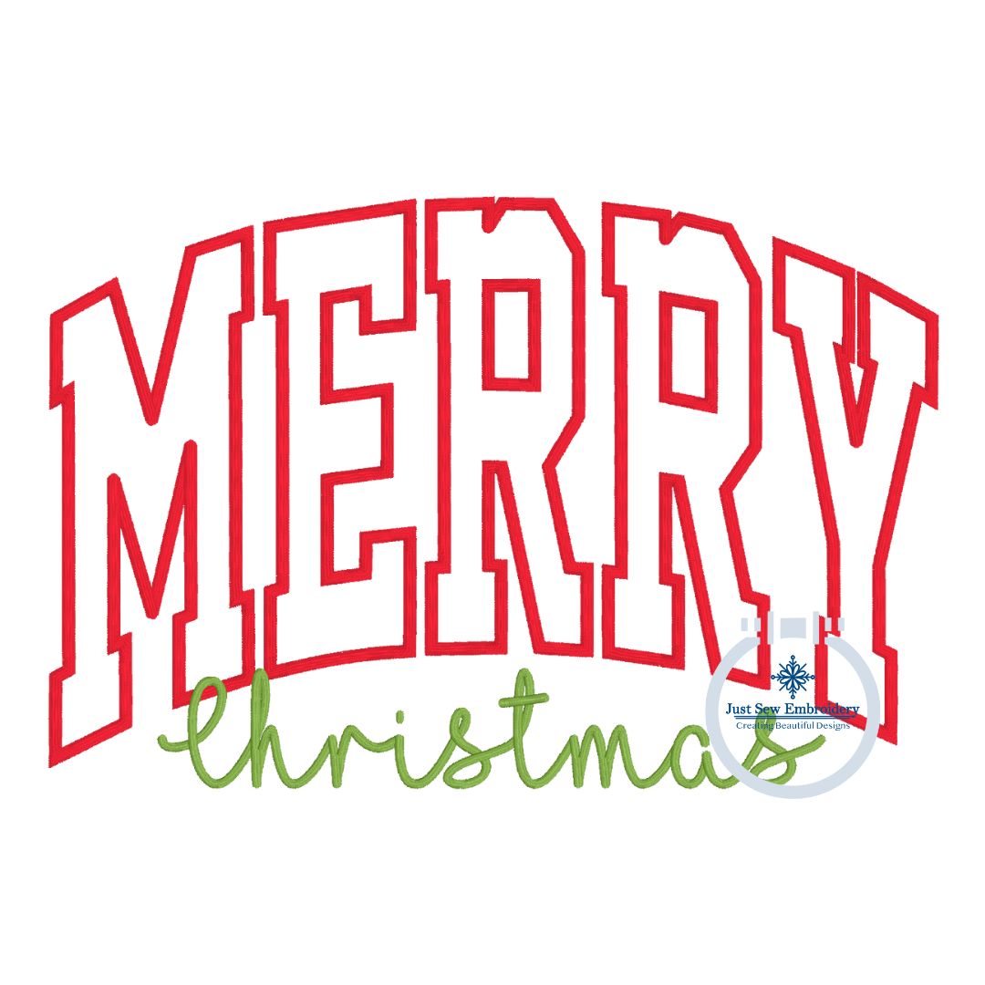 Merry Christmas Arched Satin Applique Embroidery Design Satin Script Six Sizes 5x7, 8x8, 9x9, 6x10, 7x12, and 8x12 Hoop