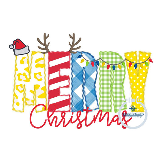 Merry Christmas Zigzag Applique Embroidery Machine Design Five Sizes 5x7, 8x8, 6x10, 7x12, and 8x12 Hoop