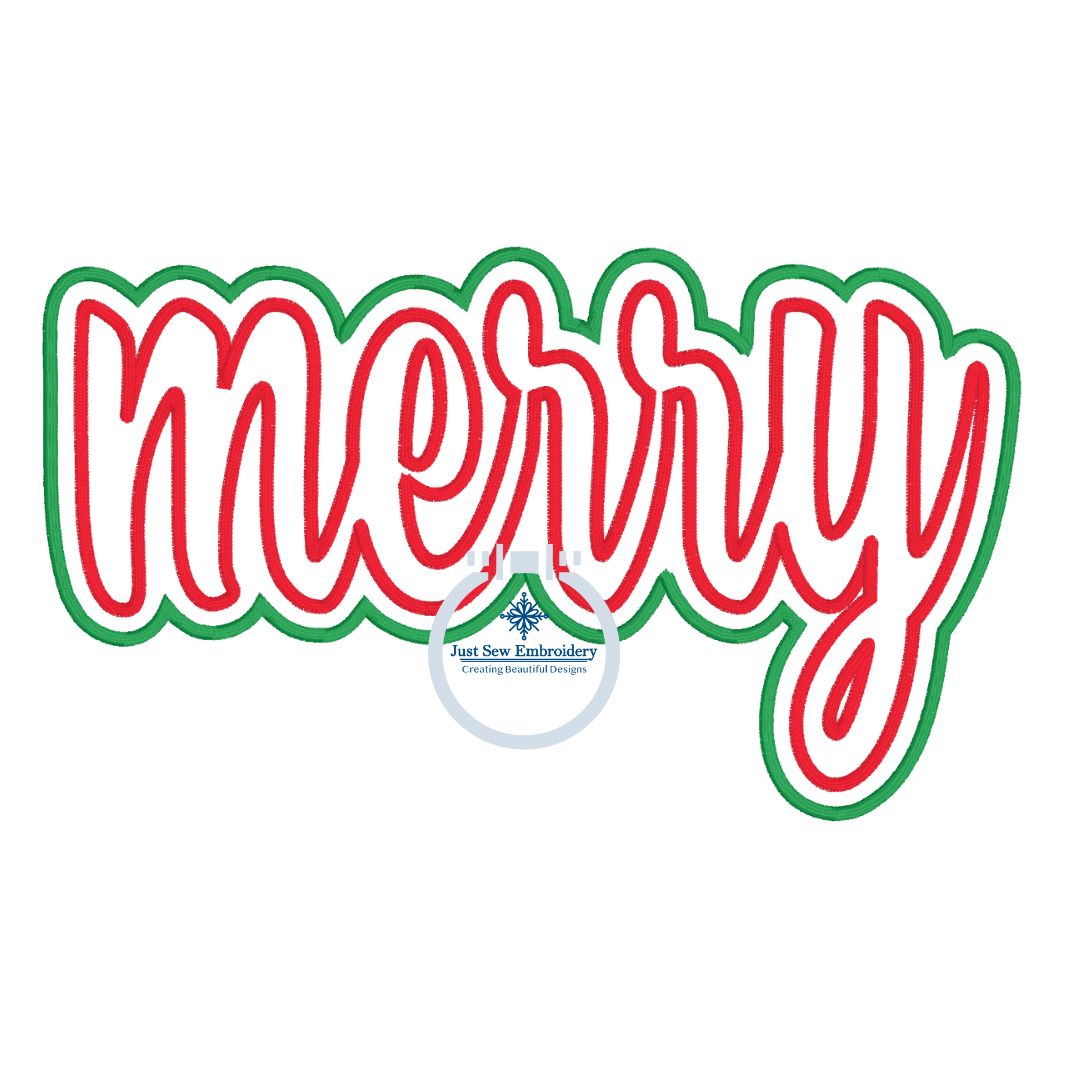 Merry Two Layer Christmas Applique Embroidery Design with Satin Finishing Stitch Four Sizes 8x8, 9x9, 6x10, and 8x12 Hoop