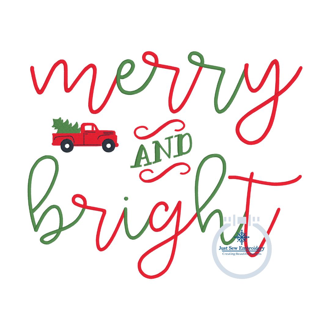 Merry and Bright Christmas Truck Machine Embroidery Design Satin Stitch 8x12 Hoop