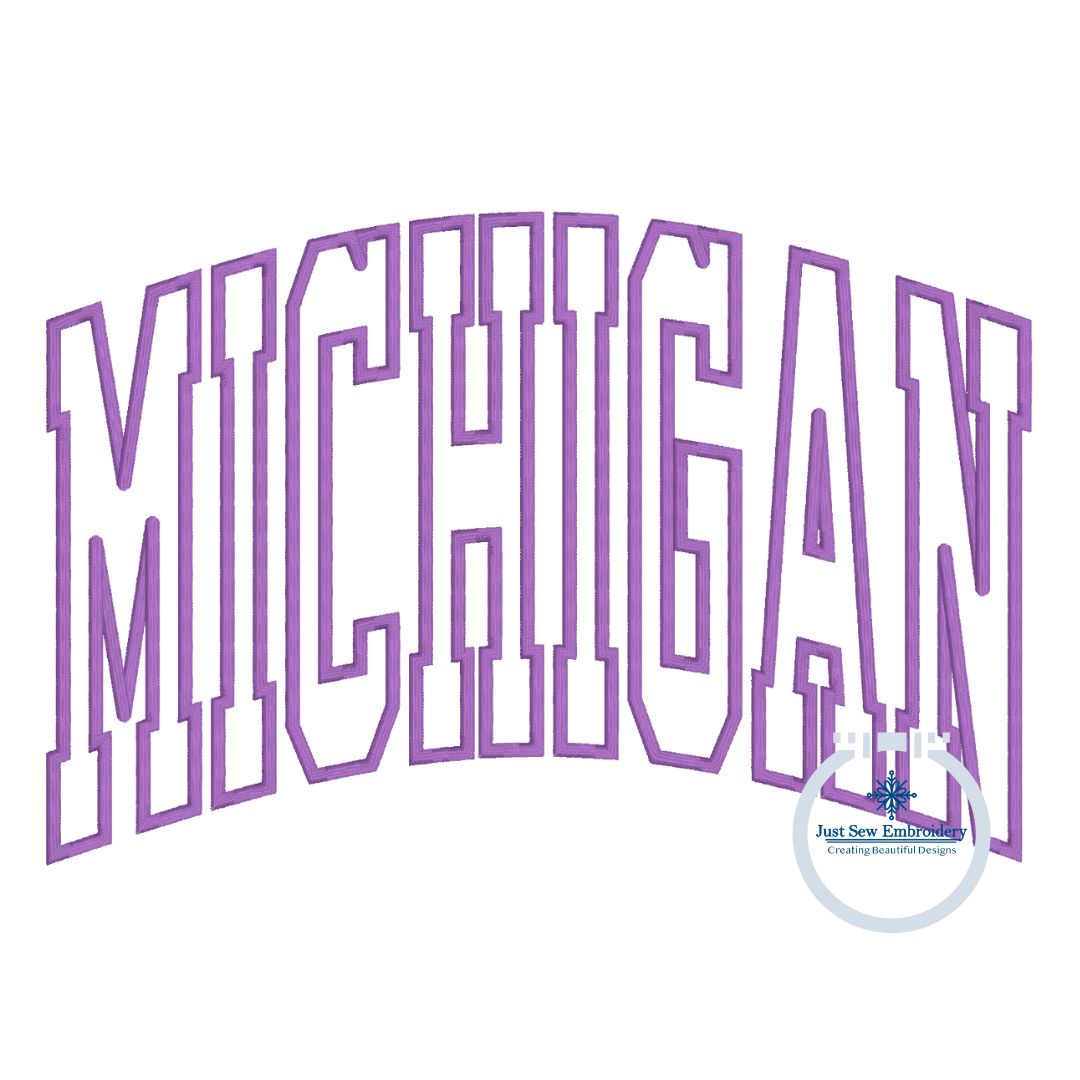 Michigan Arched Satin Applique Embroidery Design MI Four Sizes 9x9, 6x10, 7x12, and 8x12 Inch Hoop