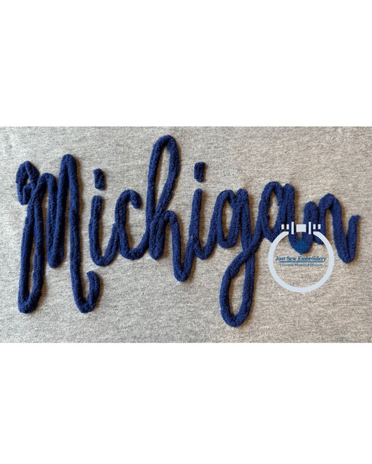 Michigan Script Chenille Yarn Applique Embroidery Four Sizes 8x8, 9x9, 6x10, 7x12 Hoop
