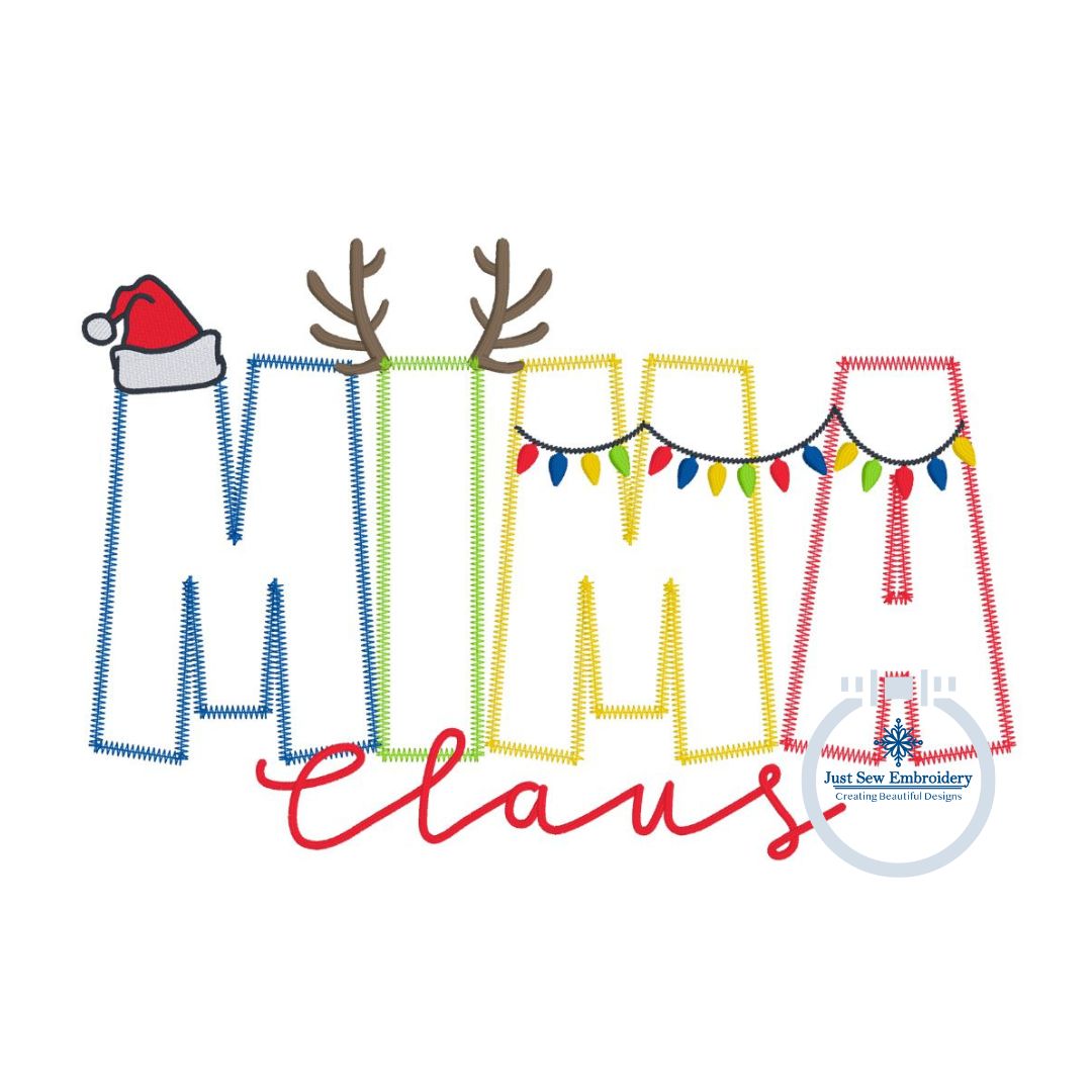 MIMA Claus Christmas Applique Embroidery Design Zigzag Applique Five Sizes 5x7, 8x8, 6x10, 7x12, and 8x12 Hoop