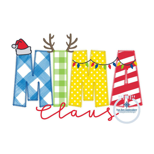 MIMA Claus Christmas Applique Embroidery Design Zigzag Applique Five Sizes 5x7, 8x8, 6x10, 7x12, and 8x12 Hoop