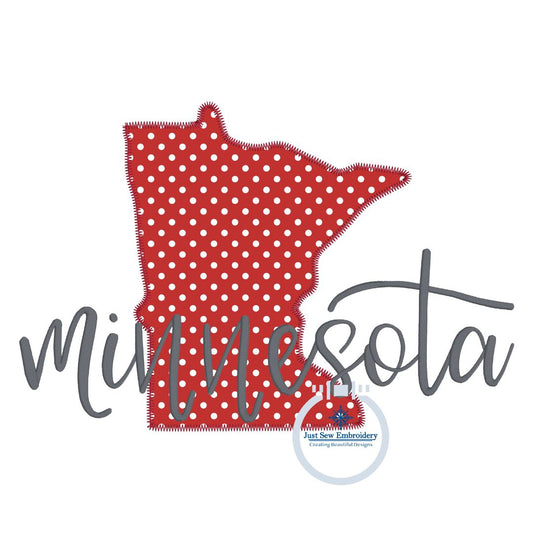 Minnesota Applique Embroidery Design State with Satin Script Overlap Five Sizes 5x7, 8x8, 6x10, 7x12, 8x12 Hoop