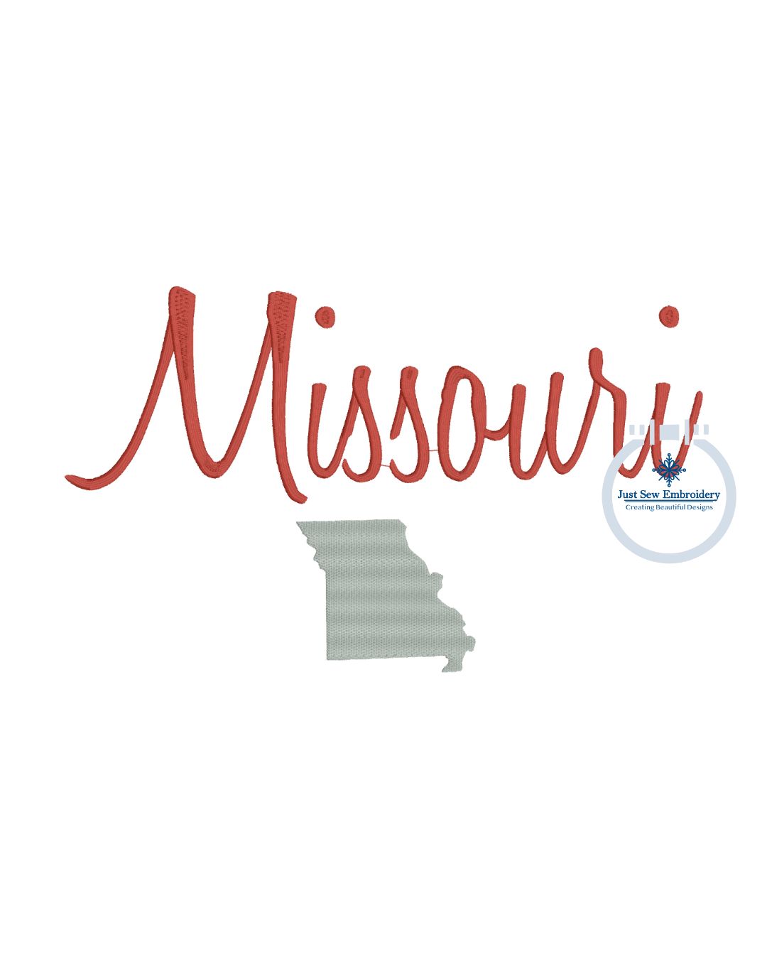 Missouri State Embroidery with Satin Script Machine Embroidery Design Five Sizes 5x7, 8x8, 9x9, 6x10, and 8x12 Hoop MO