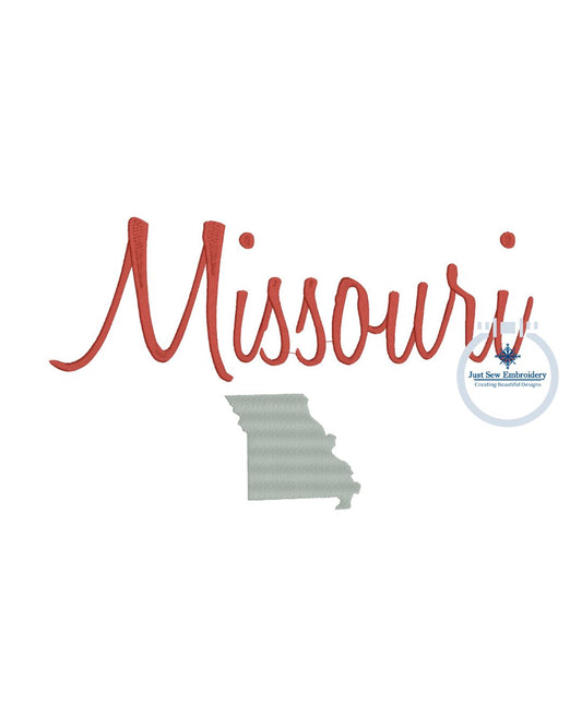 Missouri State Embroidery with Satin Script Machine Embroidery Design Five Sizes 5x7, 8x8, 9x9, 6x10, and 8x12 Hoop MO
