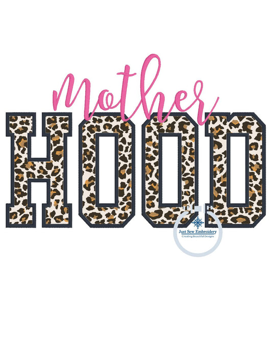 MOTHERHOOD Applique Embroidery Design Block with Script Mother's Day Gift Satin Edge Six Sizes 5x7, 6x10, 8x8, 9x9, 7x12, and 8x12 Hoop