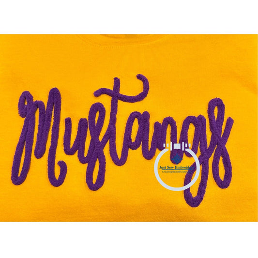 Mustangs Script Chenille Yarn Applique Design Machine Embroidery Four Sizes 9x9, 6x10, 7x12, 8x12 Hoop