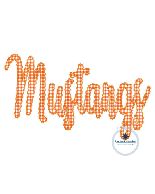 MUSTANGS Script Applique Embroidery ZigZag Edge Three Sizes 9x9, 6x10, and 8x12 Hoop