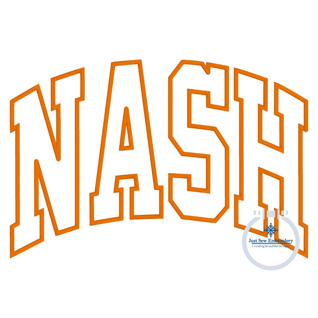 NASH Arched Satin Applique Embroidery Nashville Tennessee TN Five Sizes 5x7, 8x8, 6x10, 7x12, and 8x12 Hoop