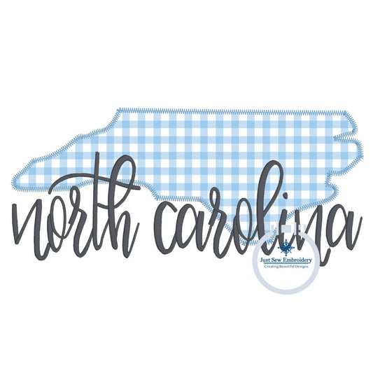 North Carolina Applique Embroidery Design with zigzag state and Script Satin Stitch Overlap Design Four Sizes 5x7, 8x8, 6x10, and 8x12 Hoop