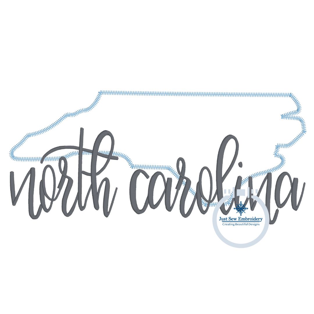 North Carolina Applique Embroidery Design with zigzag state and Script Satin Stitch Overlap Design Four Sizes 5x7, 8x8, 6x10, and 8x12 Hoop