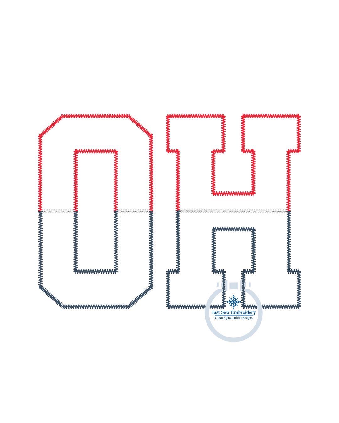 OH Ohio Applique Embroidery Split Design Machine Embroidery Two Color ZigZag Stitch 8x12 Hoop