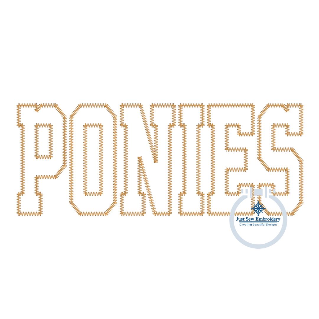 PONIES Academic Applique Embroidery Design Machine Embroidery Zigzag Stitch Six Sizes 7 inch, 8 inch, 9 inch, 10 inch, 11 inch, and 12 inch