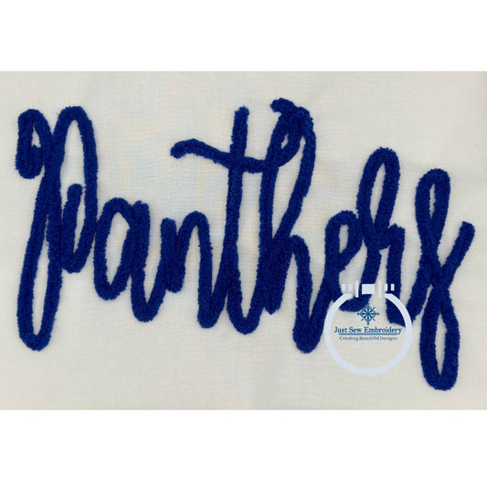 PANTHERS Chenille Yarn Applique Embroidery Script Five Sizes 5x7, 8x8, 6x10, 7x12, and 8x12 Hoop