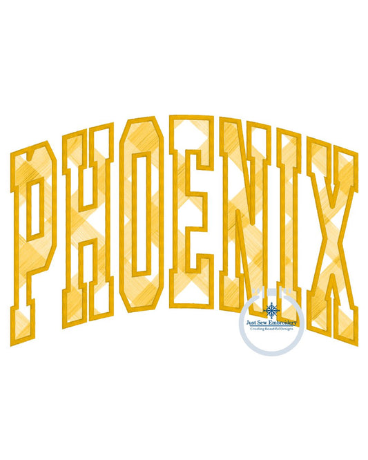 PHOENIX Arched Satin Applique Embroidery Varsity Font Six Sizes 5x7, 8x8, 9x9, 6x10, 7x12, and 8x12 Hoop