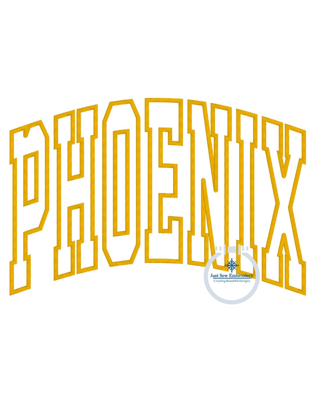 PHOENIX Arched Satin Applique Embroidery Varsity Font Six Sizes 5x7, 8x8, 9x9, 6x10, 7x12, and 8x12 Hoop