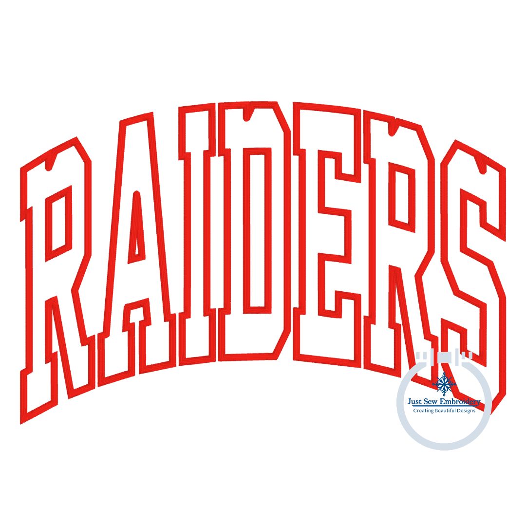 Raiders Arched Satin Applique Embroidery Design Five Sizes 5x7, 8x8, 6x10, 7x12, and 8x12 Hoop