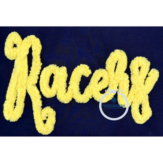 RACERS Script Chenille Yarn Applique Embroidery Design Five Sizes 5x7, 8x8, 6x10, 7x12, and 8x12 Hoop