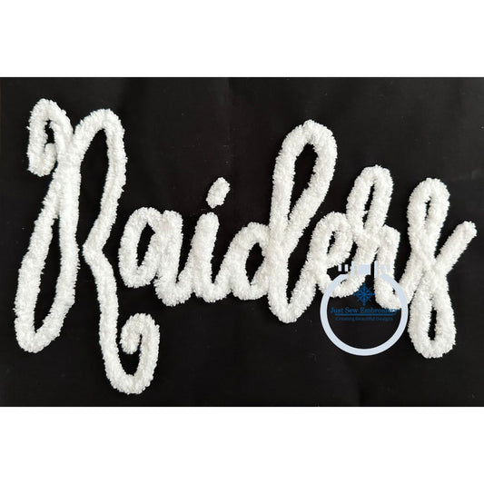 Raiders Chenille Yarn Applique Embroidered Script Design Five Sizes 5x7, 8x8, 6x10, 7x12, and 8x12 Hoop