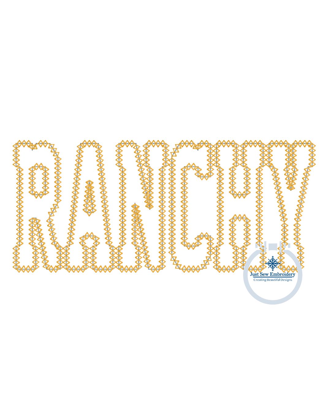 RANCHY Applique Embroidery Design Academic Font Diamond Edge Stitch in Three Sizes 5x7, 6x10, and 8x12 Hoop