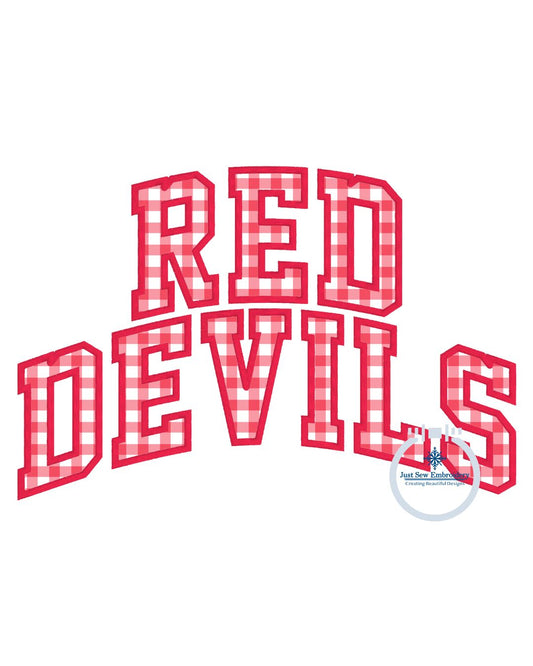 Red Devils Stacked Arched Applique Embroidery Satin Machine Design Six Sizes 5x7, 6x10, 8x8, 7x12, 8x12, and 9x9 Hoop