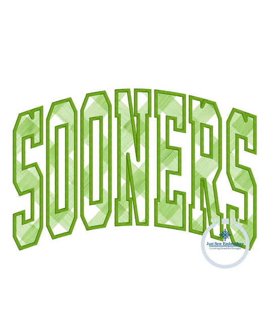 SOONERS Arched Design Machine Applique Embroidery Satin Edge Six Sizes 5x7, 8x8, 9x9, 6x10, 7x12, and 8x12 Hoop