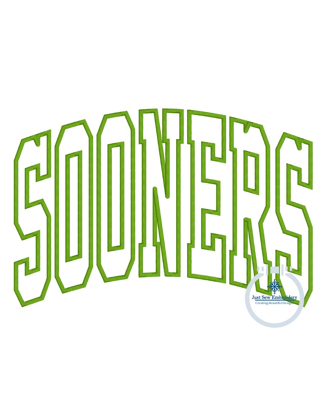 SOONERS Arched Design Machine Applique Embroidery Satin Edge Six Sizes 5x7, 8x8, 9x9, 6x10, 7x12, and 8x12 Hoop