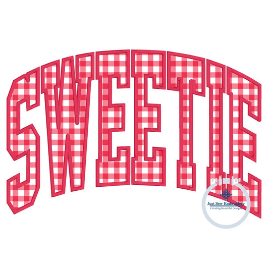 SWEETIE Arched Satin Applique Embroidery Design Three Sizes 6x10, 7x12, and 8x12 Hoop