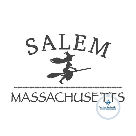 Salem Mass Flying Witch Machine Embroidery Design Four Sizes 5x7, 8x8, 6x10, and 7x12 Hoop