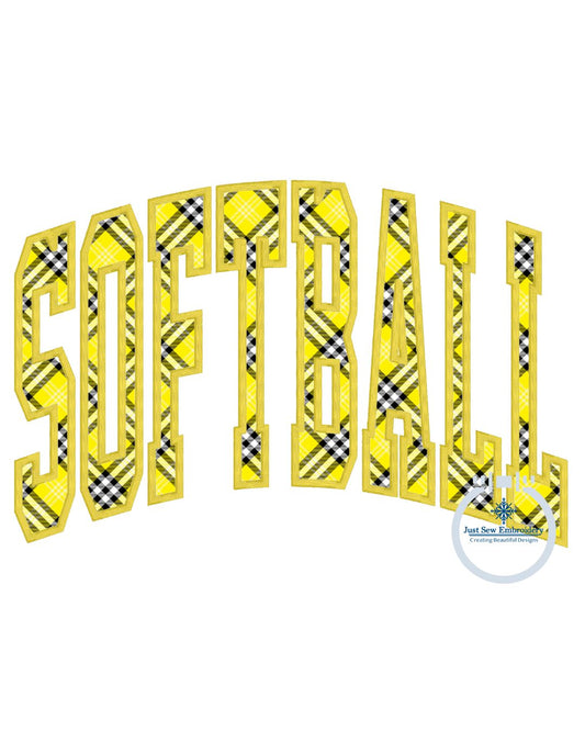 Softball Arched Satin Applique Machine Embroidery Design Four Sizes 9x9, 6x10, 7x12, and 8x12 Hoop