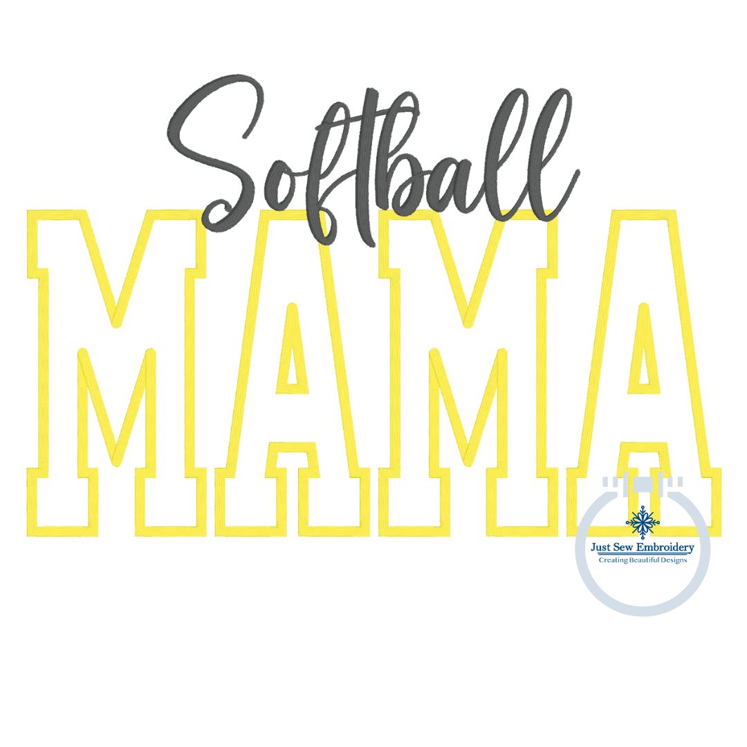 Softball MAMA Satin Applique Machine Embroidery Design Five Sizes 5x7, 8x8, 6x10, 7x12, and 8x12 Hoop