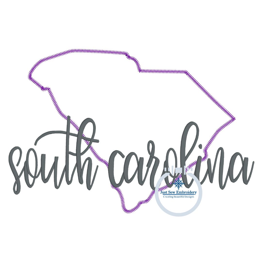 South Carolina Applique Embroidery Design with Zigzag State and Satin Stitch Script Five Sizes 5x7, 8x8, 6x10, 7x12, and 8x12 hoop