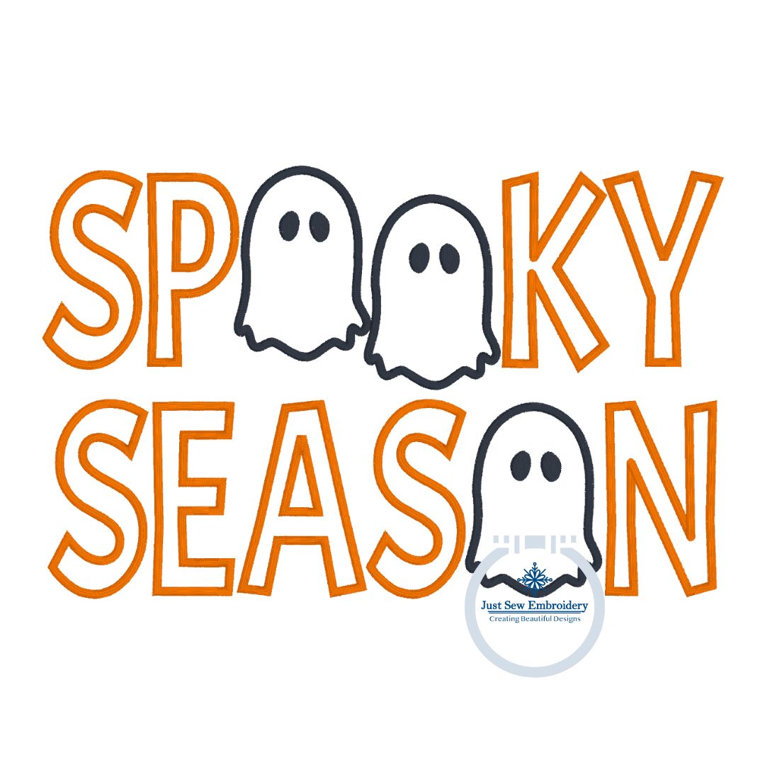 Spooky Season Ghost Applique Halloween Embroidery Design Six Sizes 5x7, 8x8, 9x9, 6x10, 7x12, and 8x12 Hoop