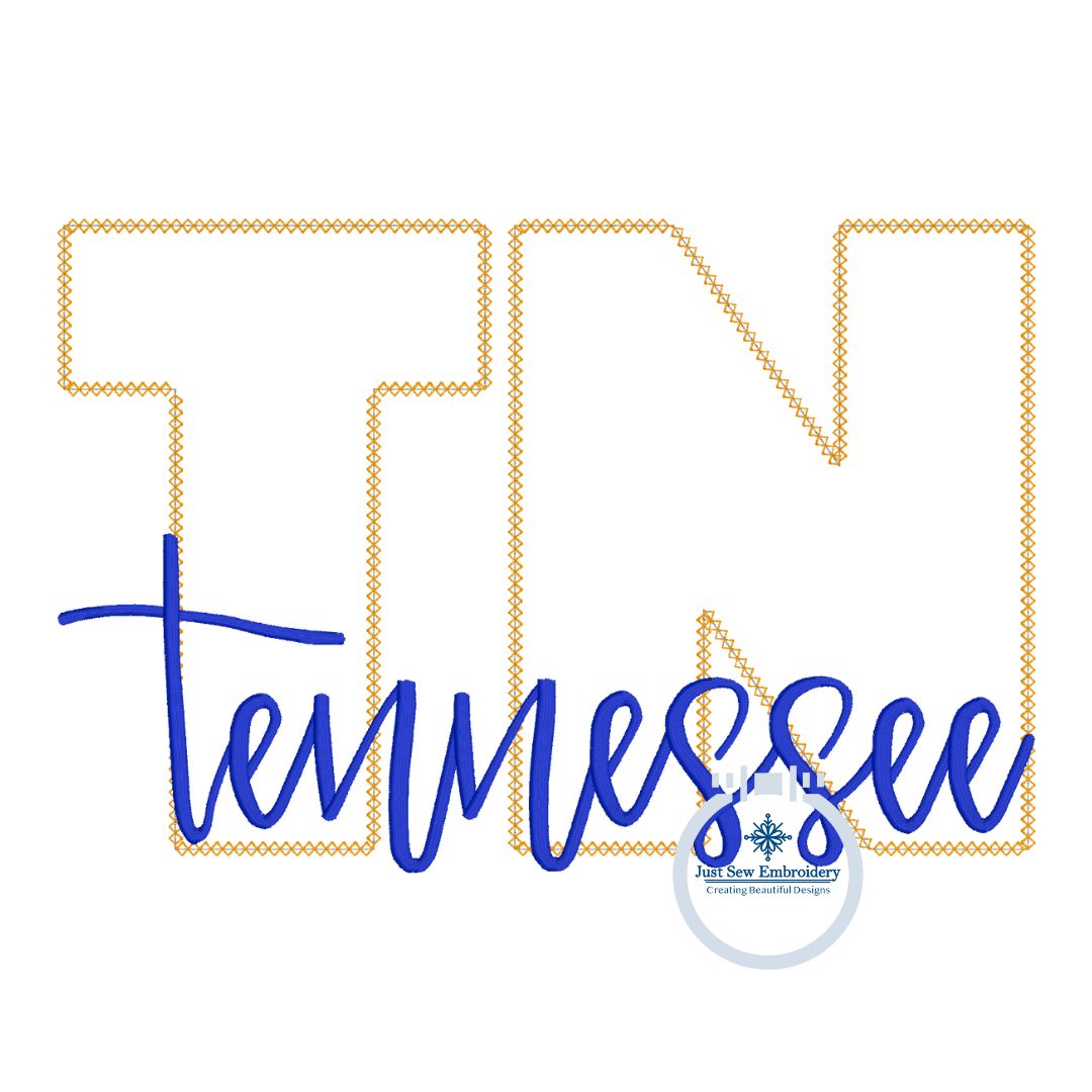 TN Tennessee Script Applique Embroidery State Diamond Stitch Five Sizes 5x7, 8x8, 6x10, 7x12, 8x12 Hoop