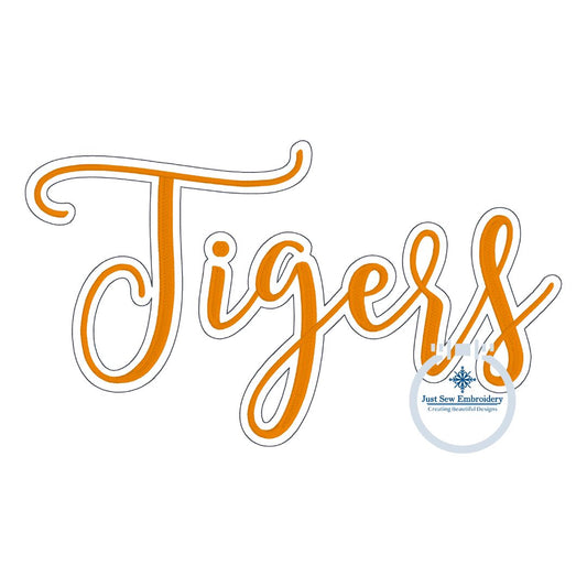 Tigers Script Embroidery Design with Bean Stitch Outline Four Sizes 5x7, 8x8, 6x10, 7x12 Hoop